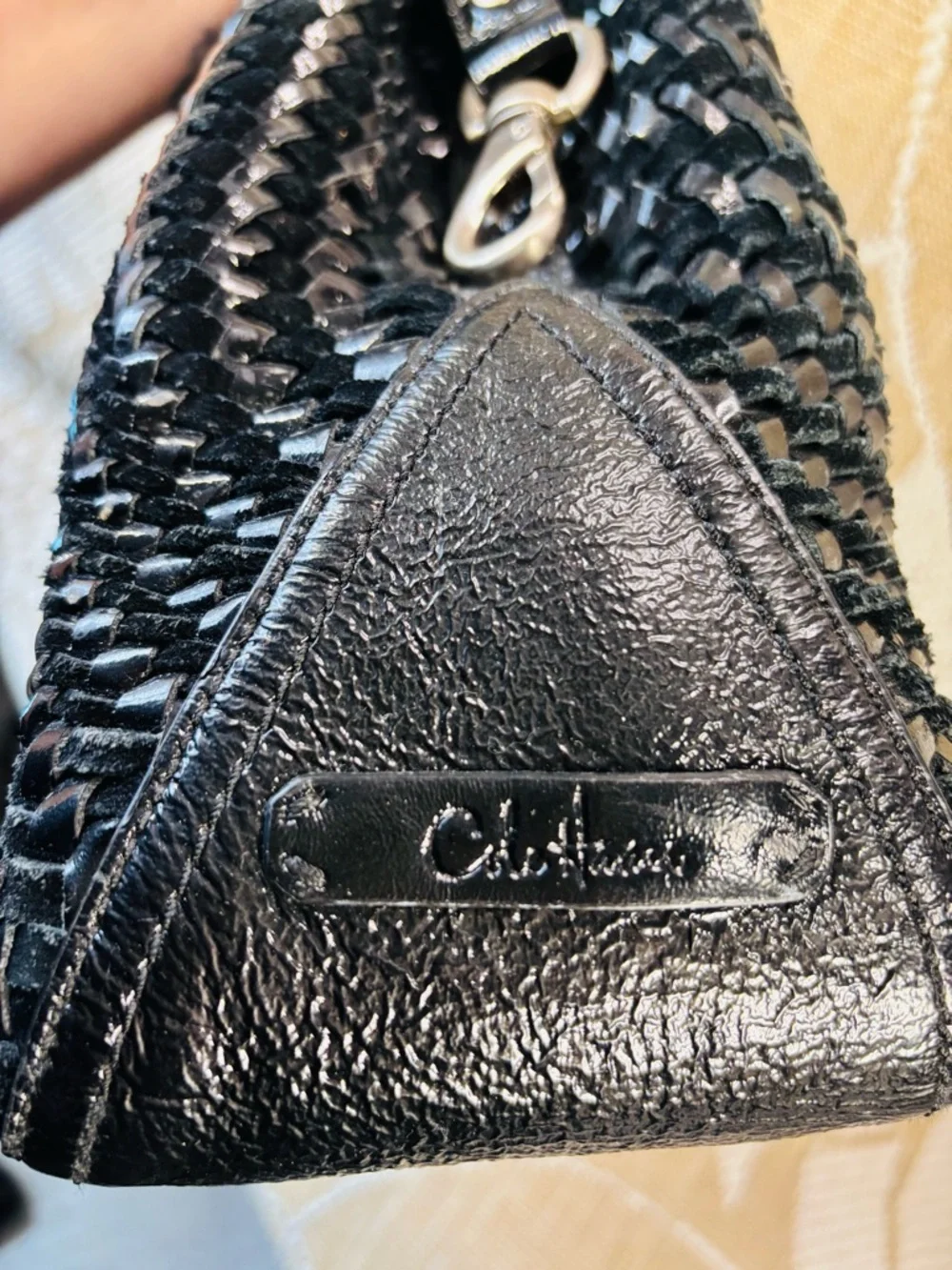 Cole Haan Genevieve | Black Woven Patent Leather Triangle Tote Shoulder Bag